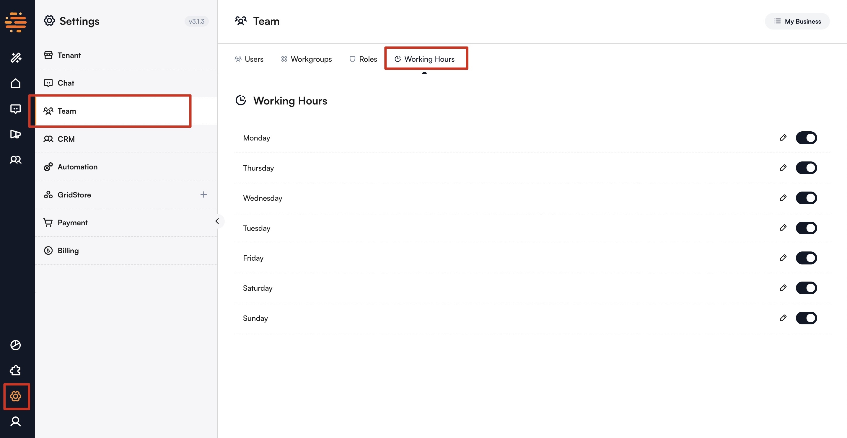 Settings Working Hours
